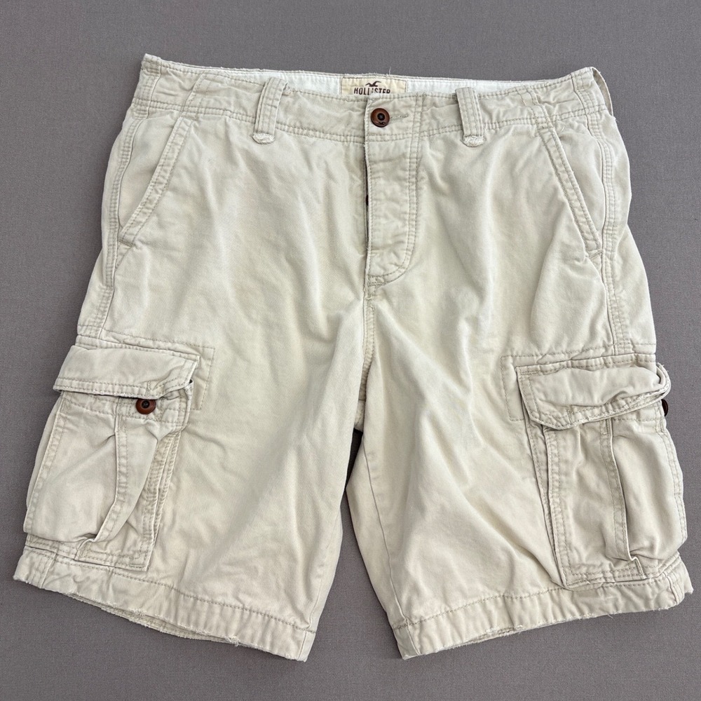 Hollister Mens Cargo Shorts Size 34 Khaki Tan Cotton Twill Utility Pockets 10in